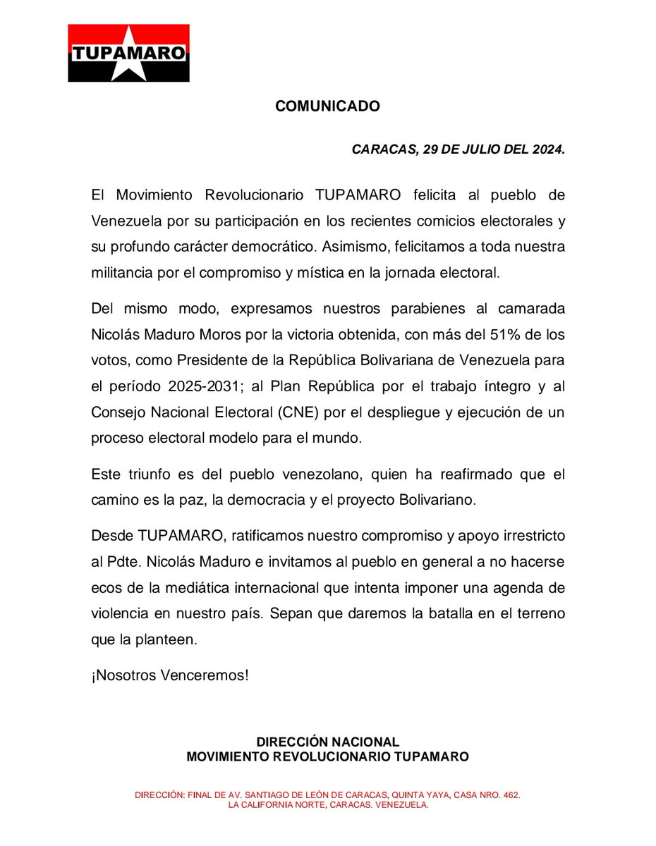 Movimiento Revolucionario TUPAMARO Vzla. (@tupamaromrt_) on Twitter photo #Comunicado|| Felicitamos al pueblo venezolano y a nuestra militancia por su participación en la reciente jornada electoral, así como al camarada <a href="/NicolasMaduro/">Nicolás Maduro</a> por ser reelecto Presidente de Venezuela. También rechazamos la agenda violenta que intenta imponer la extrema derecha. #Comunicado|| Felicitamos al pueblo venezolano y a nuestra militancia por su participación en la reciente jornada electoral, así como al camarada <a href="/NicolasMaduro/">Nicolás Maduro</a> por ser reelecto Presidente de Venezuela. También rechazamos la agenda violenta que intenta imponer la extrema derecha.