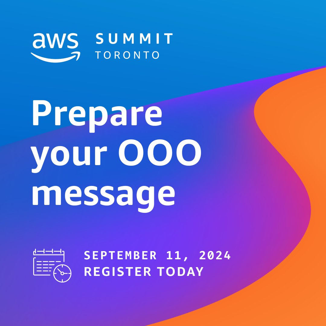 Block your calendars. Make a note in your day-timer. Draft your out-of-office (OOO) &amp; register here 👉 go.aws/3Lz8ATr for #AWSSummit Toronto 2024! 

Join us for this one-day event &amp; hear how technology is shaping the future. Spots are filling up fast!