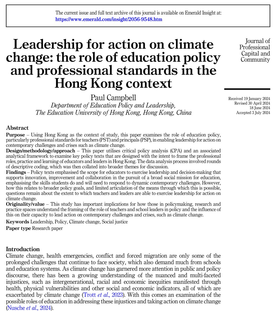 Dr Paul Campbell (@pcampbell91) on Twitter photo Really pleased to share my new publication in <a href="/JPCCJournal/">Journal of Professional Capital and Community</a> 'Leadership for Action on Climate Change: the role of Education Policy and Professional Standards in the Hong Kong Context'.
emerald.com/insight/conten… Really pleased to share my new publication in <a href="/JPCCJournal/">Journal of Professional Capital and Community</a> 'Leadership for Action on Climate Change: the role of Education Policy and Professional Standards in the Hong Kong Context'.
emerald.com/insight/conten…