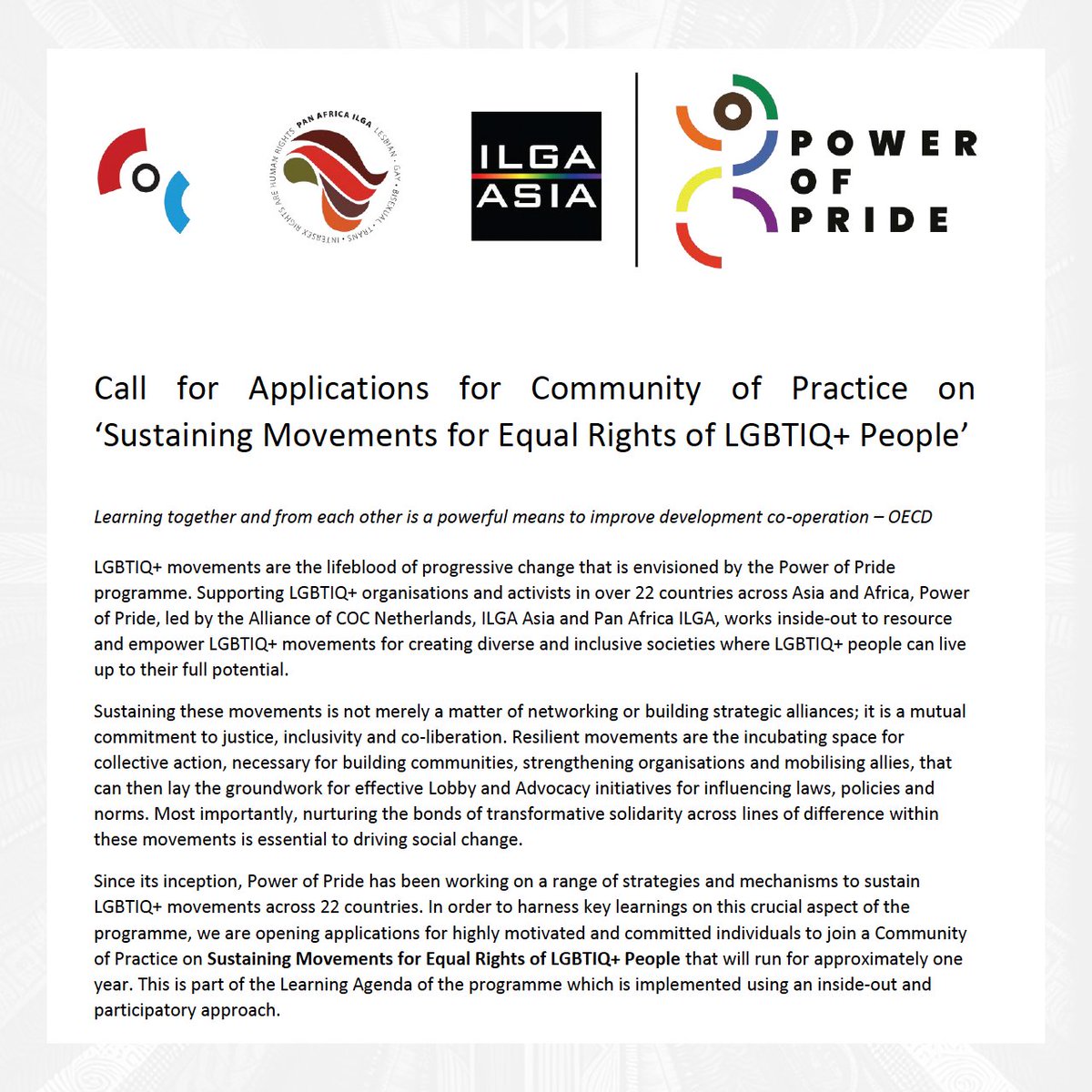 PanAfricaILGA's tweet image. Call for Applications! 

Are you an LGBTIQ+ activist from the Global South? This is your chance to:
• Make a lasting impact
• Collaborate with experts from Africa, Asia, Latin America, and the Caribbean
• Showcase your work on global platforms
• Influence the strategic…