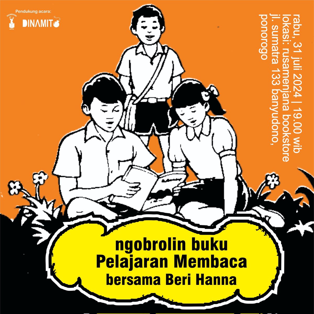 rusamenjana's tweet photo. Ngobrolin buku Pelajaran Membaca bareng @berihanna_ kita belajar membaca bareng dengan santun &amp; santai, tidak jotos²an. Boleh banget beli bukunya sekalian yang akan tersedia.

Hari: 31 Juli 2024
Jam: 19.00 WIB
Sharelok: Rusamenjana Bookstore, Jl. Sumatera, Banyudono, Ponorogo https://t.co/202z8Qko96