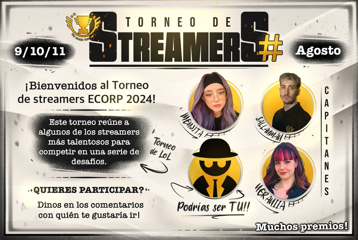 ¡Atención, creadores de contenido! 🎮🌟

¡Nos complace anunciar la Ecorp Cup 2024! Un épico torneo donde los Streamers más apasionados se enfrentarán en la Grieta del Invocador para demostrar quién se alza con la victoria.

✨ Detalles del evento:

- Doble eliminación: Brackets