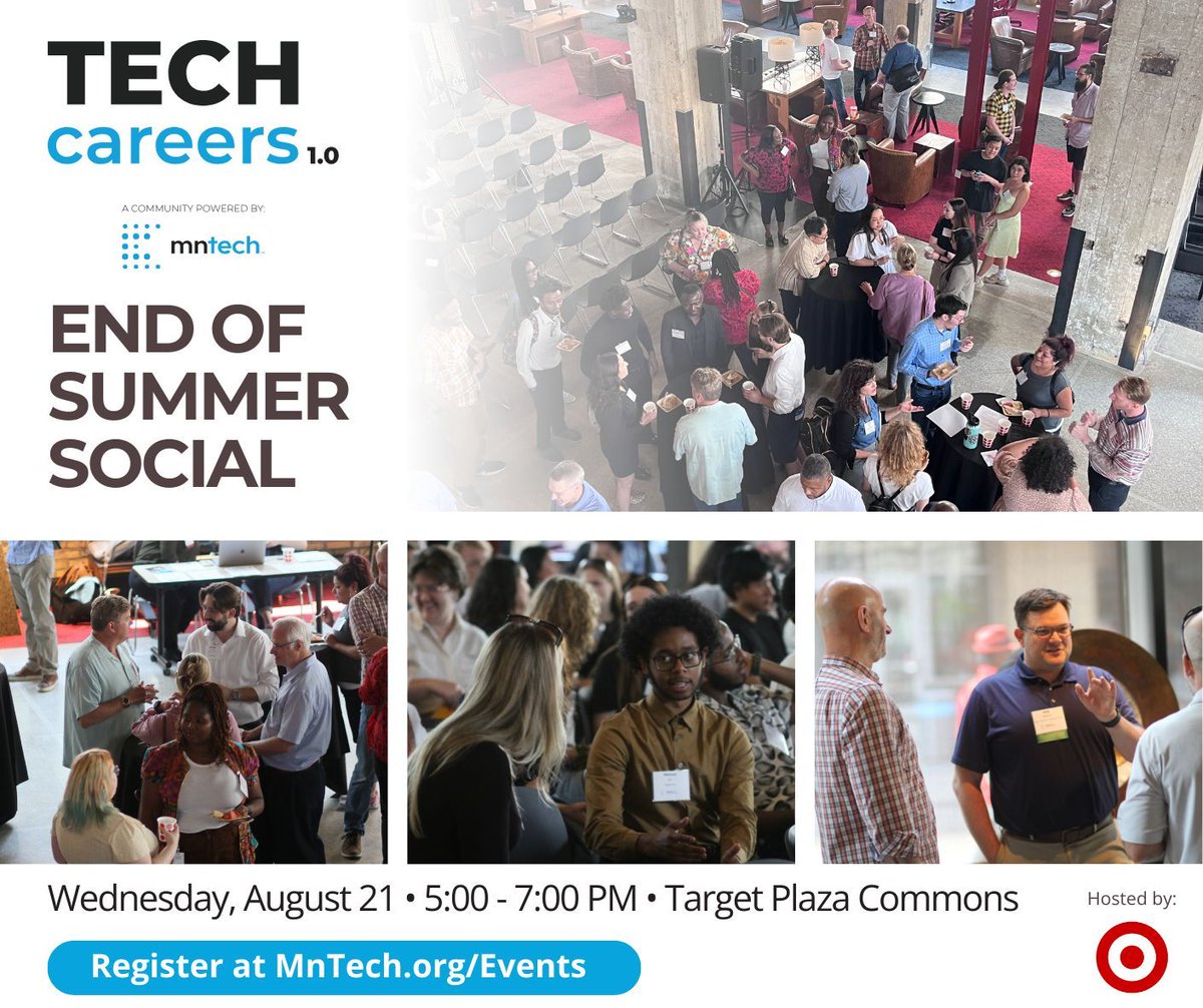 Eager to meet new people &amp; grow your network? Join MnTech for a Tech Careers 1.0 end of summer social on Aug 21! These events are designed for employed early-career professionals &amp; leaders looking to support them. Register for free here: buff.ly/3VPEMH7