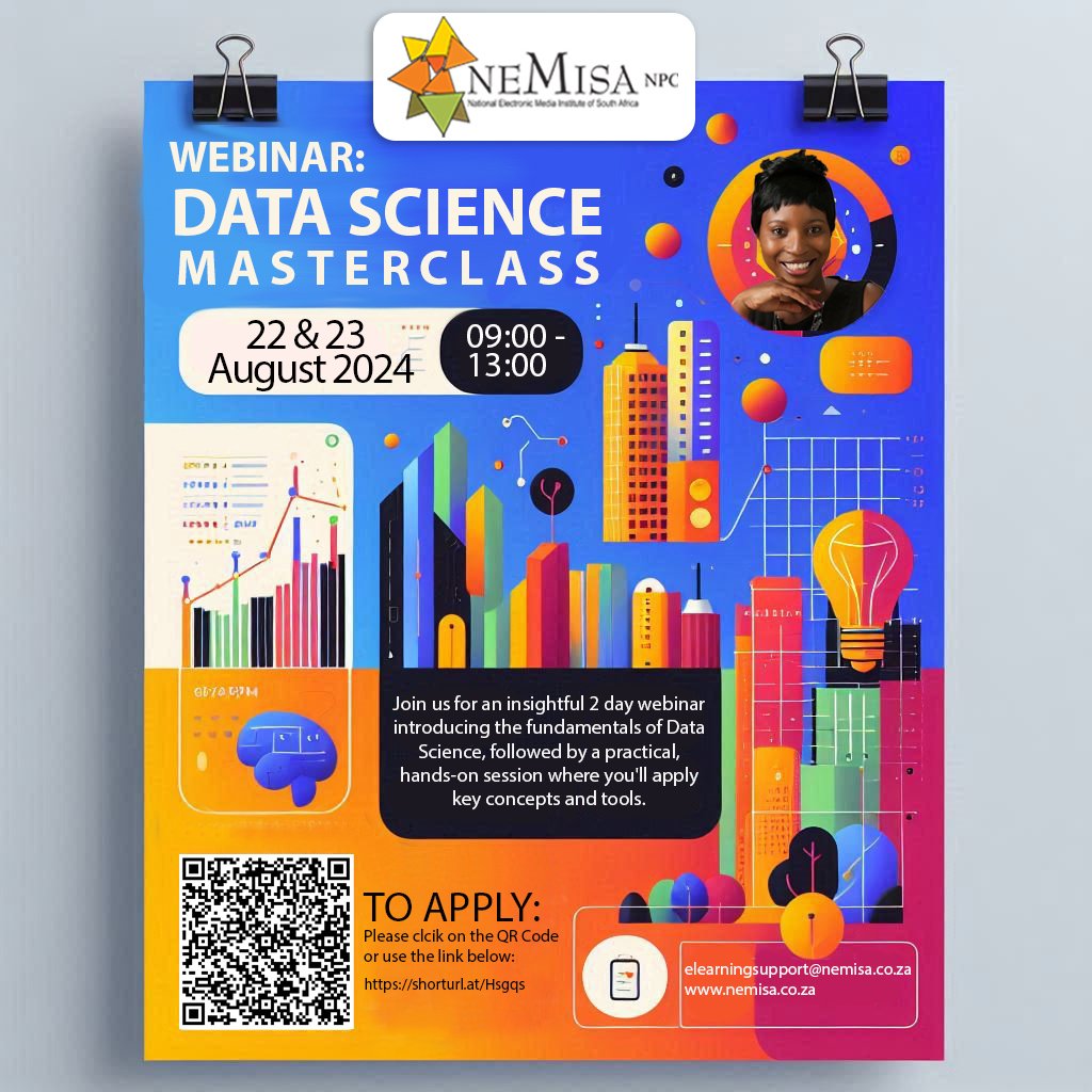 🚀 Exciting 2-day Data Science webinar!
🗓 Dates: 22 &amp; 23 August 2024 🕒 Time: 09:00 - 13:00
Day 1: Fundamentals Day 2: Hands-on practical session
Boost your skills and apply key concepts and tools! 📊✨
Register now: shorturl.at/Hsgqs
#Webinar #TechSkills <a href="/sibukele_gumbo/">Sibukele Gumbo</a>