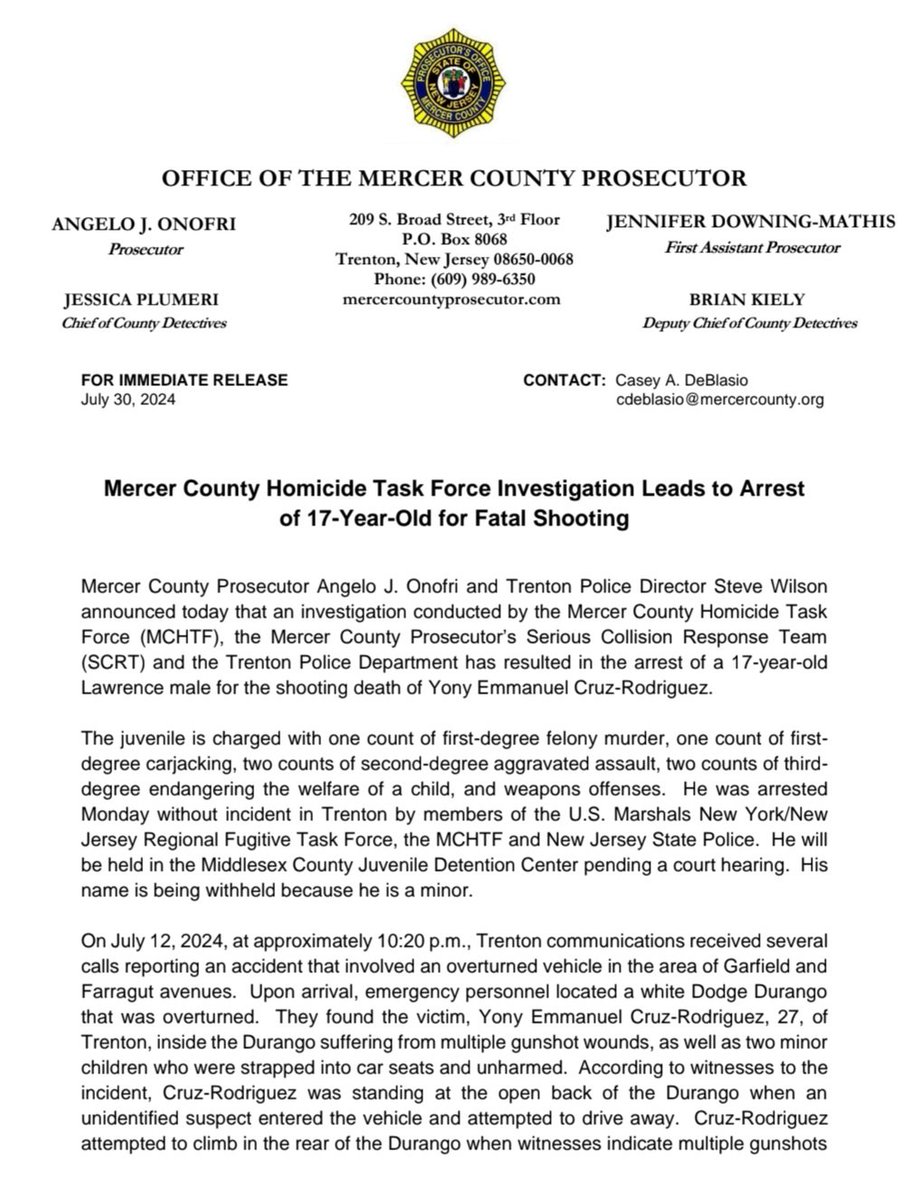 MercerCoPros's tweet image. Mercer County Homicide Task Force Investigation Leads to Arrest of 17-Year-Old for Fatal Shooting