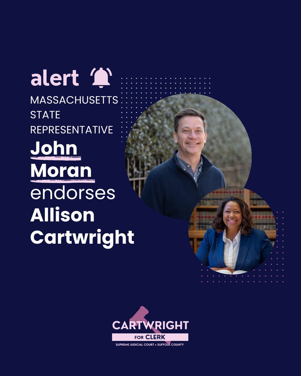 ElectCartwright's tweet image. 🚨 ENDORSEMENT ALERT ‼️: Allison is thrilled to earn the endorsement of Massachusetts State Representative John Moran!
👉 Learn more about the #cartwrightforclerk campaign here! cartwrightforclerk.org