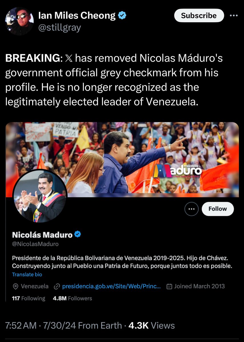 DD_Geopolitics's tweet photo. Well, that's it folks, if Elon took the grey check mark away, then Maduro is no longer President of Venezuela. Those are the rules, sorry. https://t.co/Th9oDBwYva