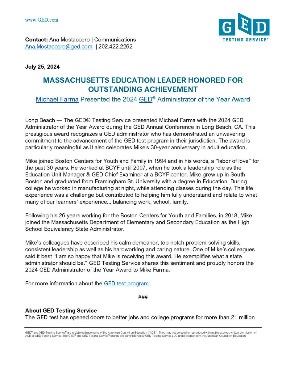 MASchoolsK12's tweet photo. Congratulations to DESE's own Michael Farma, who has spent 30 years serving adult learners and  was named 2024 GED Administrator of the Year at the @GEDTesting Conference last week! @PublicAdultEdMA #MaEdu (For info on high school equivalency, see https://t.co/h5eLogYoRO) https://t.co/SknbeoSlFt