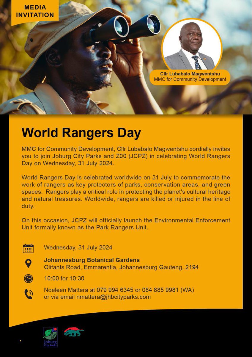 CommDevCoJ's tweet image. Join MMC for Community Development, Cllr Lubabalo Magwentshu, at the Johannesburg Botanical Gardens on 31 July 2024 to celebrate World Rangers Day and the launch of the Environmental Enforcement Unit

#WeServeJoburg #JoburgMatters
#WorldRangerDay