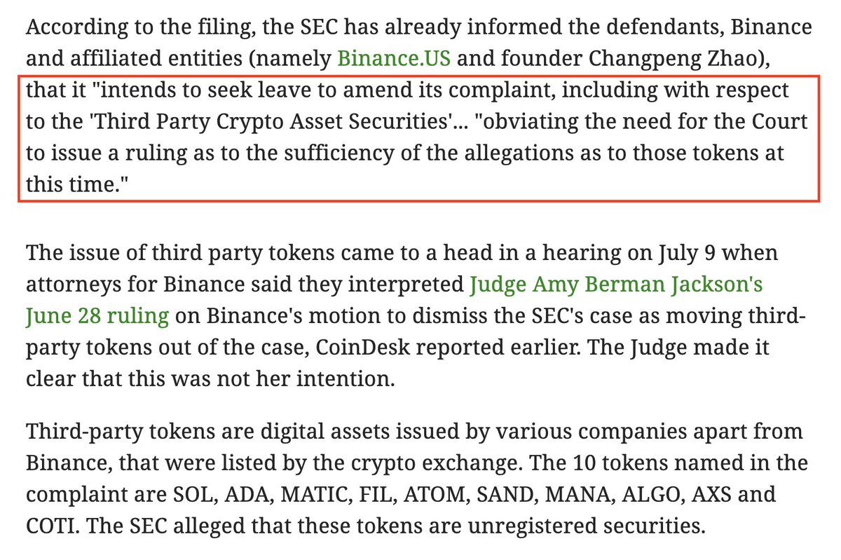 Tyler Winklevoss (@tyler) on Twitter photo All of a sudden the <a href="/SECGov/">U.S. Securities and Exchange Commission</a> is no longer trying to classify 10 tokens (SOL, ADA, MATIC, FIL, ATOM, SAND, MANA, ALGO, AXS and COTI) as securities. They’re amending their case against <a href="/BinanceUS/">Binance.US 🇺🇸</a> to remove this allegation so the court won't rule on it. Thank you <a href="/realDonaldTrump/">Donald J. Trump</a> All of a sudden the <a href="/SECGov/">U.S. Securities and Exchange Commission</a> is no longer trying to classify 10 tokens (SOL, ADA, MATIC, FIL, ATOM, SAND, MANA, ALGO, AXS and COTI) as securities. They’re amending their case against <a href="/BinanceUS/">Binance.US 🇺🇸</a> to remove this allegation so the court won't rule on it. Thank you <a href="/realDonaldTrump/">Donald J. Trump</a>