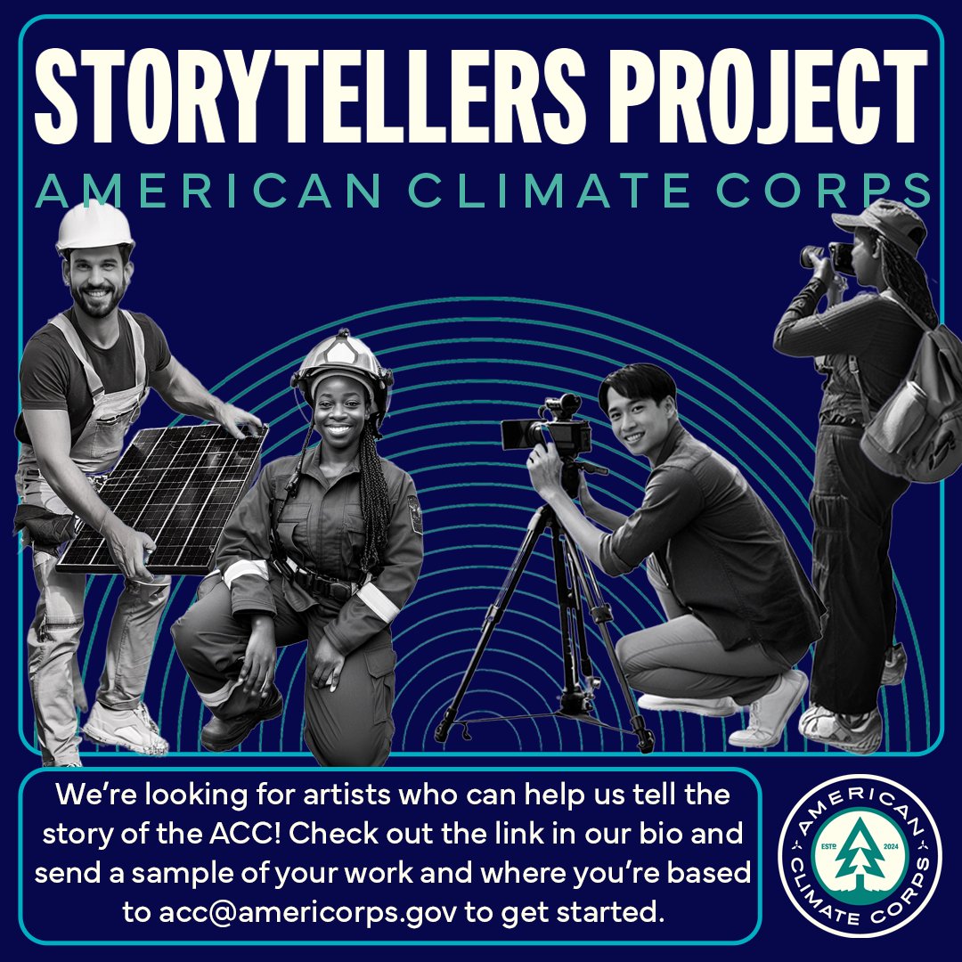 ClimateCorpsUS's tweet photo. There are over 9,000 American Climate Corps members serving across the country - and we need help telling their stories.

If you’re an artist who’s passionate about climate change and service, check out our new Storytellers Project at https://t.co/r2fva6e0ci today📸🎨⚡️ https://t.co/4g0XTaZXxW