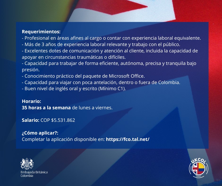 📣 ¡#TrabajoSíHay! Buscamos un/a Pro Cónsul que brinde asistencia consular a ciudadanos británicos en Colombia. 

Ven a trabajar con nosotros en un ambiente internacional #UKCOL🇬🇧🇨🇴 y postúlate hasta el 11 de agosto aquí 👉🏽fco.tal.net/vx/lang-en-GB/…