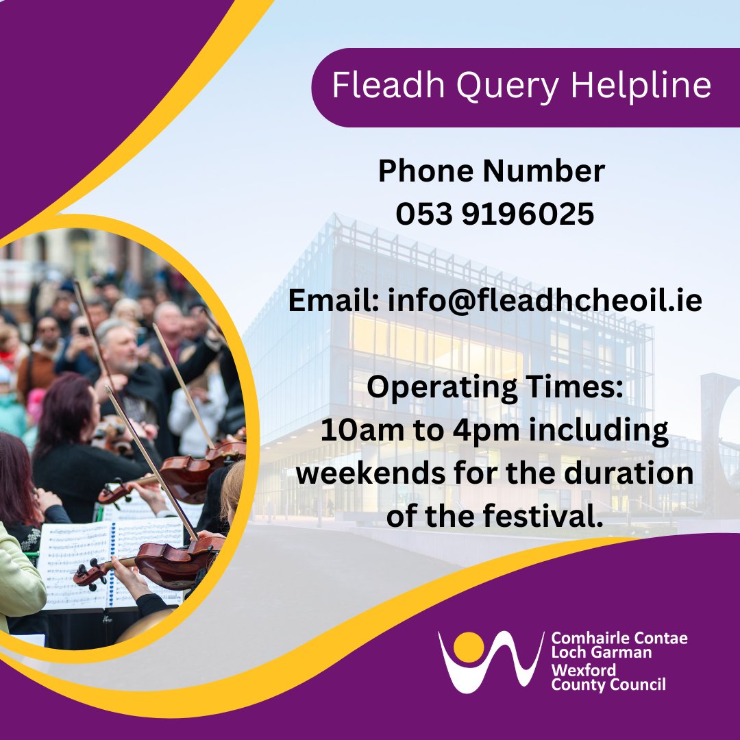 Wexford County Council (@wexfordcoco) on Twitter photo Due to the high volume of enquiries, we have established a helpline dedicated to all Fleadh-related questions.
You can reach us at 053 9196025 or email us at info@fleadhcheoil.ie.
The helpline operates from 10am to 4pm, including weekends, throughout the Fleadh Cheoil na Due to the high volume of enquiries, we have established a helpline dedicated to all Fleadh-related questions.
You can reach us at 053 9196025 or email us at info@fleadhcheoil.ie.
The helpline operates from 10am to 4pm, including weekends, throughout the Fleadh Cheoil na