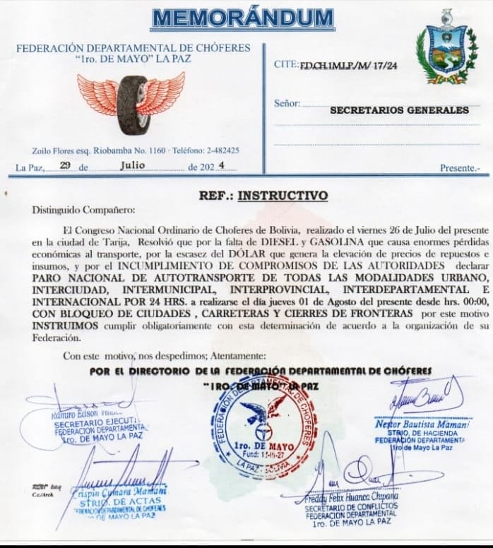 EL JUEVES 01 DE AGOSTO EL SECTOR DEL TRANSPORTE PUBLICO ANUNCIA PARO NACIONAL DE 24 HORAS

Habrá bloqueo de calles en las principales ciudades y cierre de fronteras. Exigen soluciones al gobierno por la falta de carburantes como la gasolina y el diésel y la escasez del dólar.