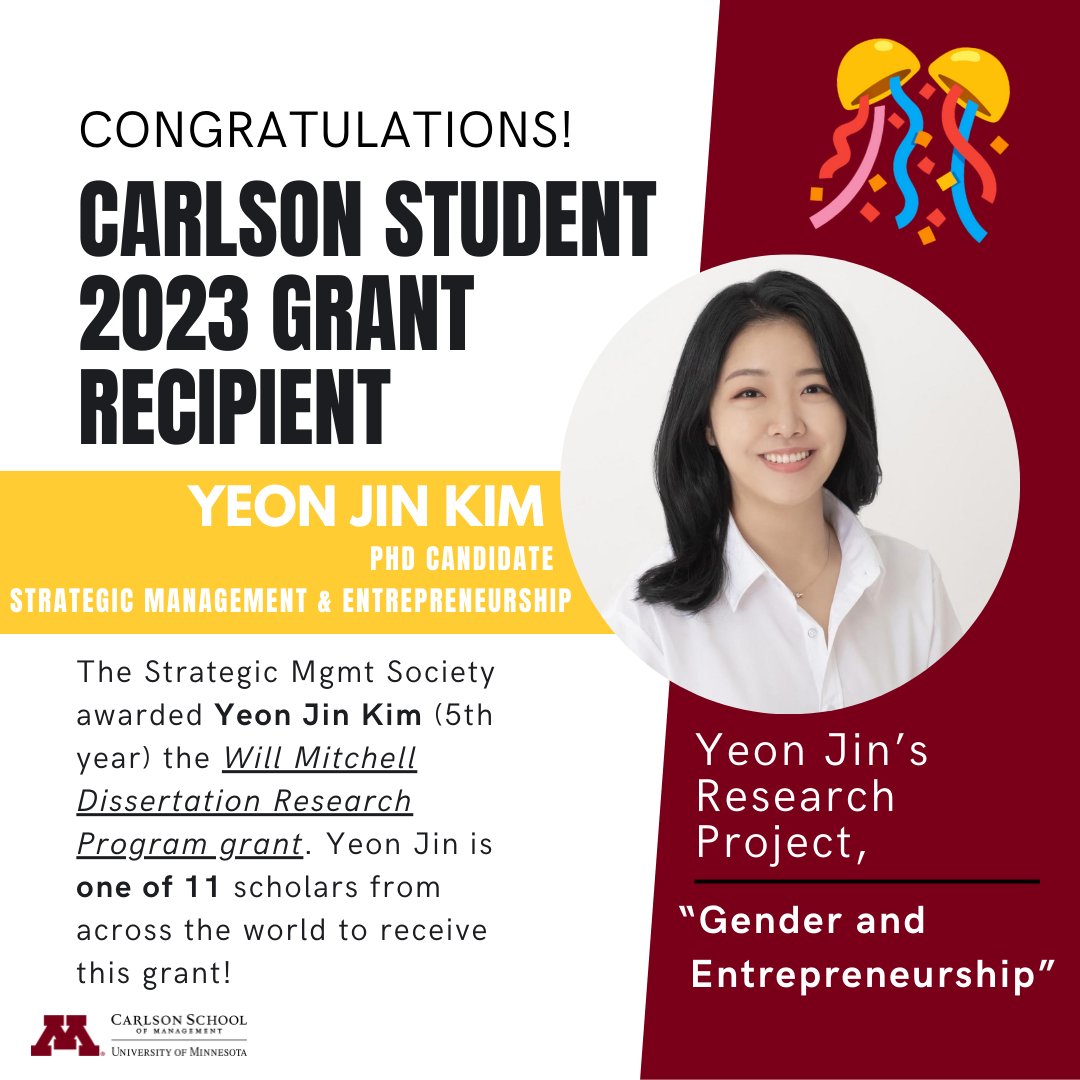 csom_phd's tweet image. Congrats to Yeon Jin Kim on her recent dissertation grant award from the Strategic Mgmt Society! Yeon Jin was 1 of 11 PhDs chosen for this grant, her research project is titled &quot;Gender and Entrepreneurship.&quot; It&apos;s so inspiring to see such important research work recognized! #csom