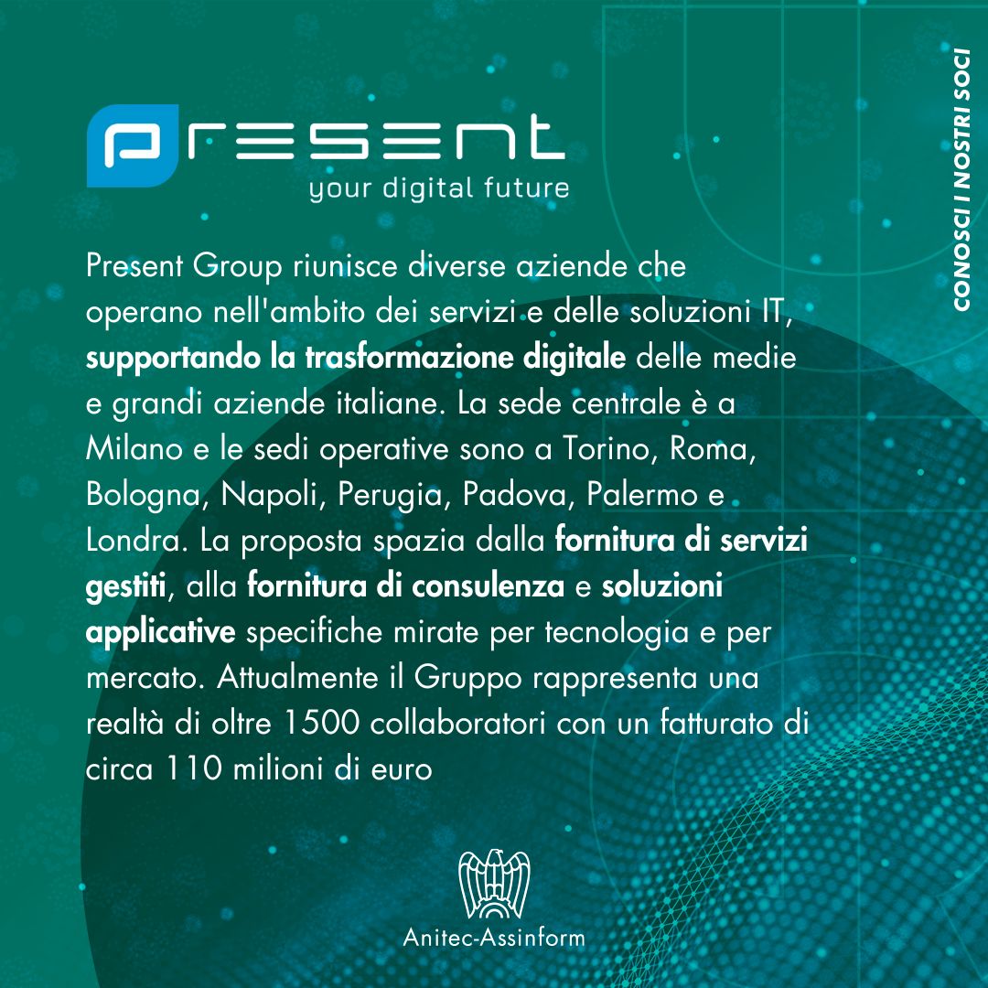 Anitec-Assinform (@anitecassinform) on Twitter photo Per la rubrica Conosci i nostri soci, oggi vi raccontiamo <a href="/PresentSpA/">Present S.p.A.</a>
Sfoglia il carosello per saperne di più. ⬇️
▶️ Guarda il video: anitec-assinform.it/media/mediagal…
#AnitecAssinform #Associati #Present Per la rubrica Conosci i nostri soci, oggi vi raccontiamo <a href="/PresentSpA/">Present S.p.A.</a>
Sfoglia il carosello per saperne di più. ⬇️
▶️ Guarda il video: anitec-assinform.it/media/mediagal…
#AnitecAssinform #Associati #Present