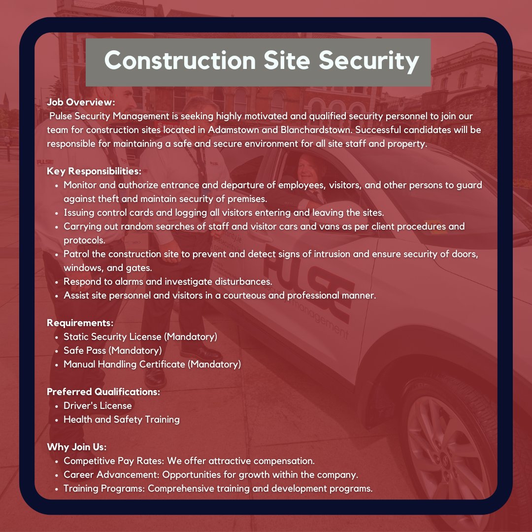 PulseSecurityM1's tweet image. 🔒 We&apos;re hiring! Join Pulse Security Management as a Corporate Security Guard or Construction Site Security in Dublin. Competitive pay, career growth, and work at prestigious sites await. Apply now! Submit CVs to hr@pulsesecurity.ie or call 01 4090202. #Jobs #SecurityJobs