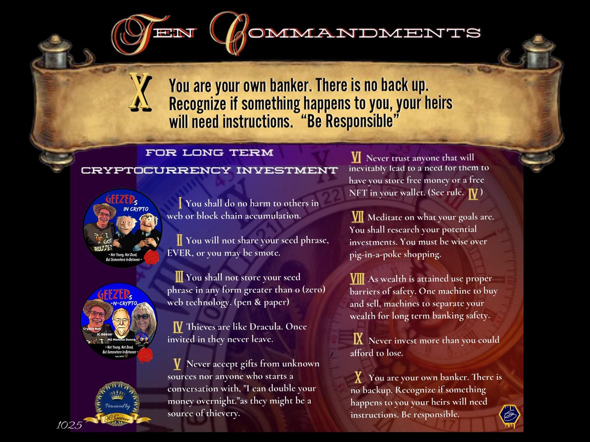 The 10 Commandments is for long-term cryptocurrency investment. It is a guide for help you to protecting yourself. Educate yourself by listening to <a href="/GEEZERSnCRYPTO/">⚡️GEEZERSnCRYPTO (🐝🐐)</a> morning Show on X-Spaces.
Monday-Friday at 11:00am (est)…