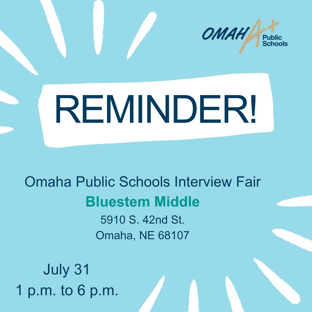 Omaha Public Schools (@omahapubschool) on Twitter photo Don’t forget! Our full-time and part-time job fair at <a href="/OPS_Bluestem/">OPS_BluestemMiddle</a> is tomorrow, July 31! Become #OPSProud and support our young learners. Don’t forget! Our full-time and part-time job fair at <a href="/OPS_Bluestem/">OPS_BluestemMiddle</a> is tomorrow, July 31! Become #OPSProud and support our young learners.