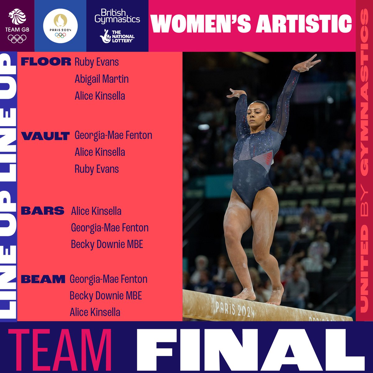 🇬🇧THE GB LINE-UP for TONIGHT!🇬🇧

The GB women take to the Bercy Arena for the Olympic team final.😎

We are all behind you girls! Good luck to Becky, Alice, Abi, Ruby and Georgia-Mae!🙌🏾

5.15 BST, see you there!⏰

#UnitedbyGymnastics