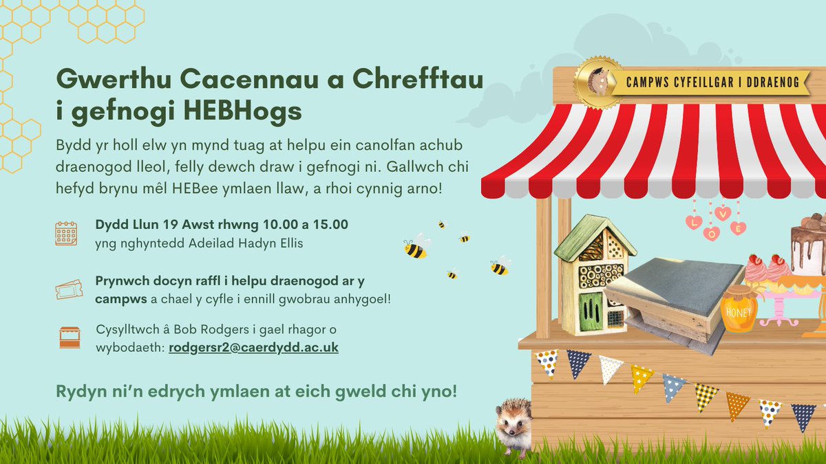 Cardiff University Hedgehog Friendly Campus (@cuhedgehogs) on Twitter photo Summer is here! We got our <a href="/HogFriendly/">Hedgehog Friendly Campus</a> Gold Award, but the HEBHOGS team never rests 😊!
Pop in on Monday, 19 Aug, 10am-3pm in the Hadyn Ellis Building foyer for another cake & craft sale. All proceedings will be used to help 🦔 on campus & wider city. Raffle tickets available. Summer is here! We got our <a href="/HogFriendly/">Hedgehog Friendly Campus</a> Gold Award, but the HEBHOGS team never rests 😊!
Pop in on Monday, 19 Aug, 10am-3pm in the Hadyn Ellis Building foyer for another cake & craft sale. All proceedings will be used to help 🦔 on campus & wider city. Raffle tickets available.
