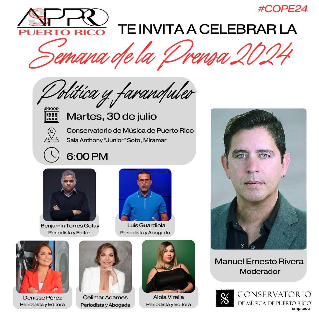 asppro_oficial's tweet photo. 📆 ️¡HOY EN #COPE24!
No te puedes perder el foro "Política y Faranduleo", otro gran evento que hemos preparado para ti durante la Semana de la Prensa 🗞🇵🇷
Accede 🔗https://t.co/wv58ooJ5DJ para más ℹ️
#Periodismo #PuertoRico #Noticias #Asppro #Política https://t.co/K5twUNwjIk