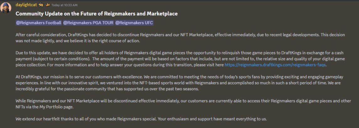 ToeTagginTambo's tweet photo. Wow! 👀

@DraftKings @DKReignmakers has been discontinued, effective immediately. https://t.co/z6AjPLZTJx