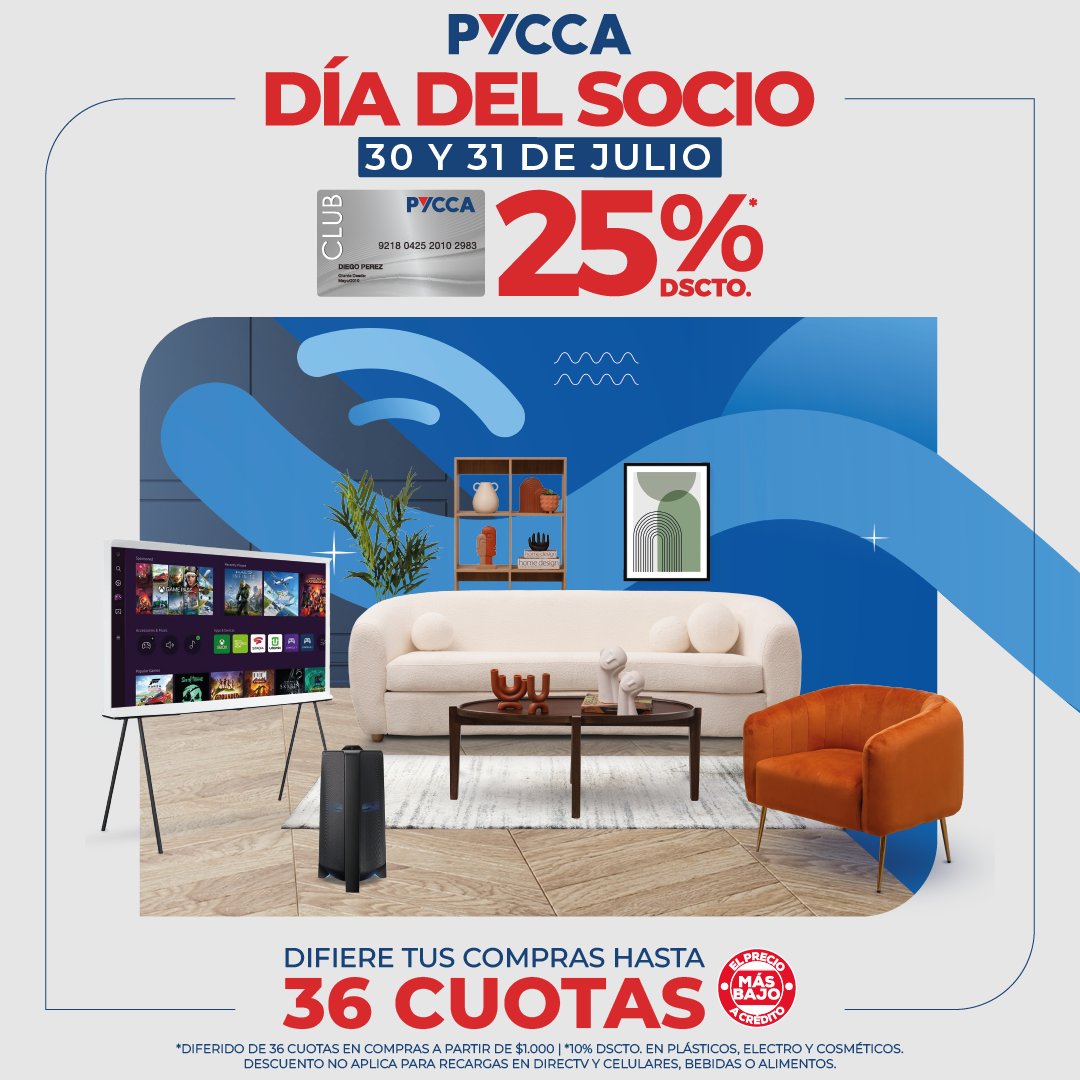 Llegó el Día del Socio #ClubPycca 💳

Desde hoy, martes 30, hasta mañana, miércoles 31, tienes el 25% OFF EN TODAS NUESTRAS FÍSICAS Y ONLINE 😍🥳

¡Asi que aprovecha el día de hoy y visítanos! Te esperamos 🤗

👀 Electrodomésticos y artículos de plástico, solo aplica el 10% OFF