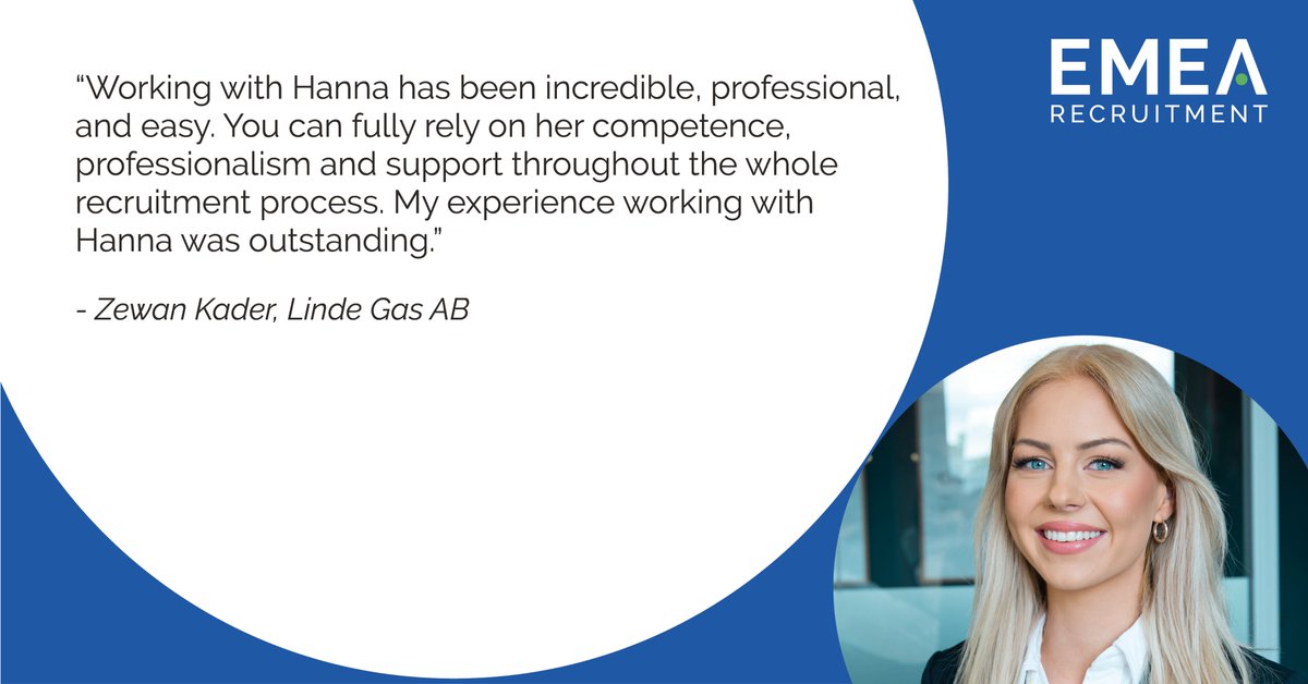 EMEARecruitment's tweet photo. This Tuesday, we are thrilled to shine the #testimonial spotlight on Hanna Gibson in our Nordic #recruitment team 👏

Zewan had an outstanding experience working with Hanna and highlighted her competence and supportive approach. 

Great work, Hanna!

#CandidateFeedback #Finance https://t.co/nh2jSp4sOH