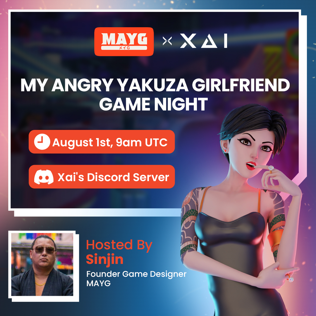 XAI 🎮⛓️ (@xai_games) on Twitter photo Join My Angry Yakuza Girlfriend's <a href="/SinjinDavidJung/">Sinjin | MAYG | Wolves DAO | Ethlizards | NEOTOKYO</a> for Game Night on Xai discord, this Thursday at 9am UTC.
<a href="/MAYGnft/">MAYG - My Angry Yakuza Girlfriend</a> will be giving away 5x Synge Princess NFTs during the stream.
Link below 👇 (1/2) Join My Angry Yakuza Girlfriend's <a href="/SinjinDavidJung/">Sinjin | MAYG | Wolves DAO | Ethlizards | NEOTOKYO</a> for Game Night on Xai discord, this Thursday at 9am UTC.
<a href="/MAYGnft/">MAYG - My Angry Yakuza Girlfriend</a> will be giving away 5x Synge Princess NFTs during the stream.
Link below 👇 (1/2)