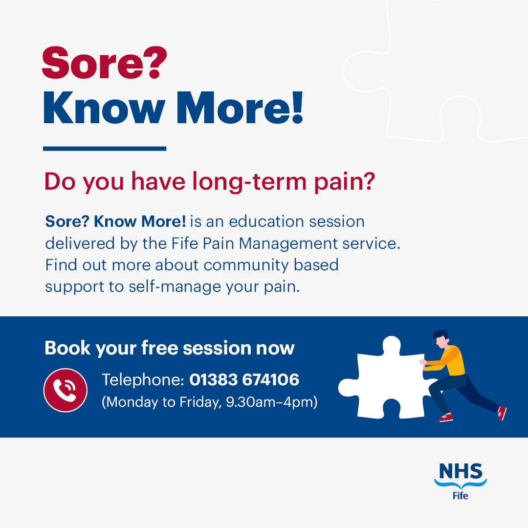 Do you have long-term pain that's getting in the way of doing what matters? 

📅 28 August - Larick Centre
📅 25 September - Lochgelly Centre
📅 30 October - Online session
📅 27 November - Rothes Halls

Book your free session!
☎️ 01383 674 106