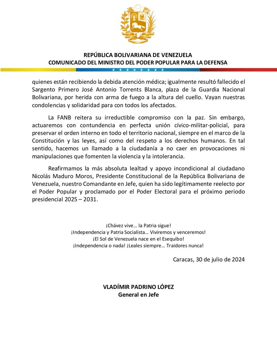 #30Jul #Comunicado || La #FANB rechaza contundentemente todas las acciones violentas promovidas por la extrema derecha.