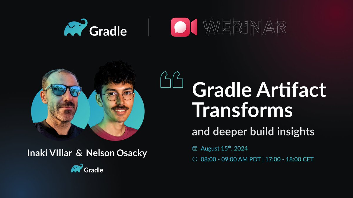 📆  AUG-15 - #Gradle webinar!

"Gradle Artifact Transforms and deeper build insights", featuring <a href="/nellyspageli/">Nelson Osacky</a> and Inaki Villar👇 

gradle.com/training/webin…