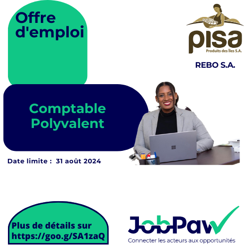 Offre d'emploi - @ProduitsdesIles / REBO S.A. recrute :
Comptable Polyvalent
goo.gl/SA1zaQ
#JobPaw #JobPawOpportunite #produitsdesiles #offredemploi #Haiti