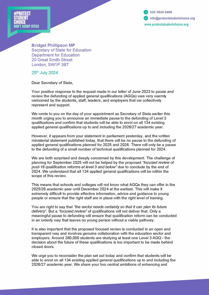 University Alliance (@unialliance) on Twitter photo As part of #ProtectStudentChoice we've written to <a href="/bphillipsonMP/">Bridget Phillipson</a> to reiterate the need for a two year pause in the defunding of applied general qualifications such as BTECs.
Failing to do so risks a sharp increase in the number of young people disengaging from education. As part of #ProtectStudentChoice we've written to <a href="/bphillipsonMP/">Bridget Phillipson</a> to reiterate the need for a two year pause in the defunding of applied general qualifications such as BTECs.
Failing to do so risks a sharp increase in the number of young people disengaging from education.