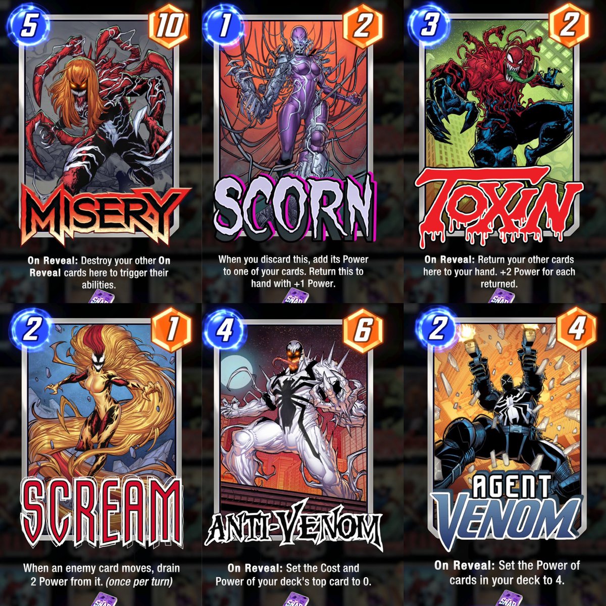 New datamined cards 👀 Symbiotes (Agent Venom, Anti-Venom, Scream, Toxin, Misery and Scorn) are coming to the game!