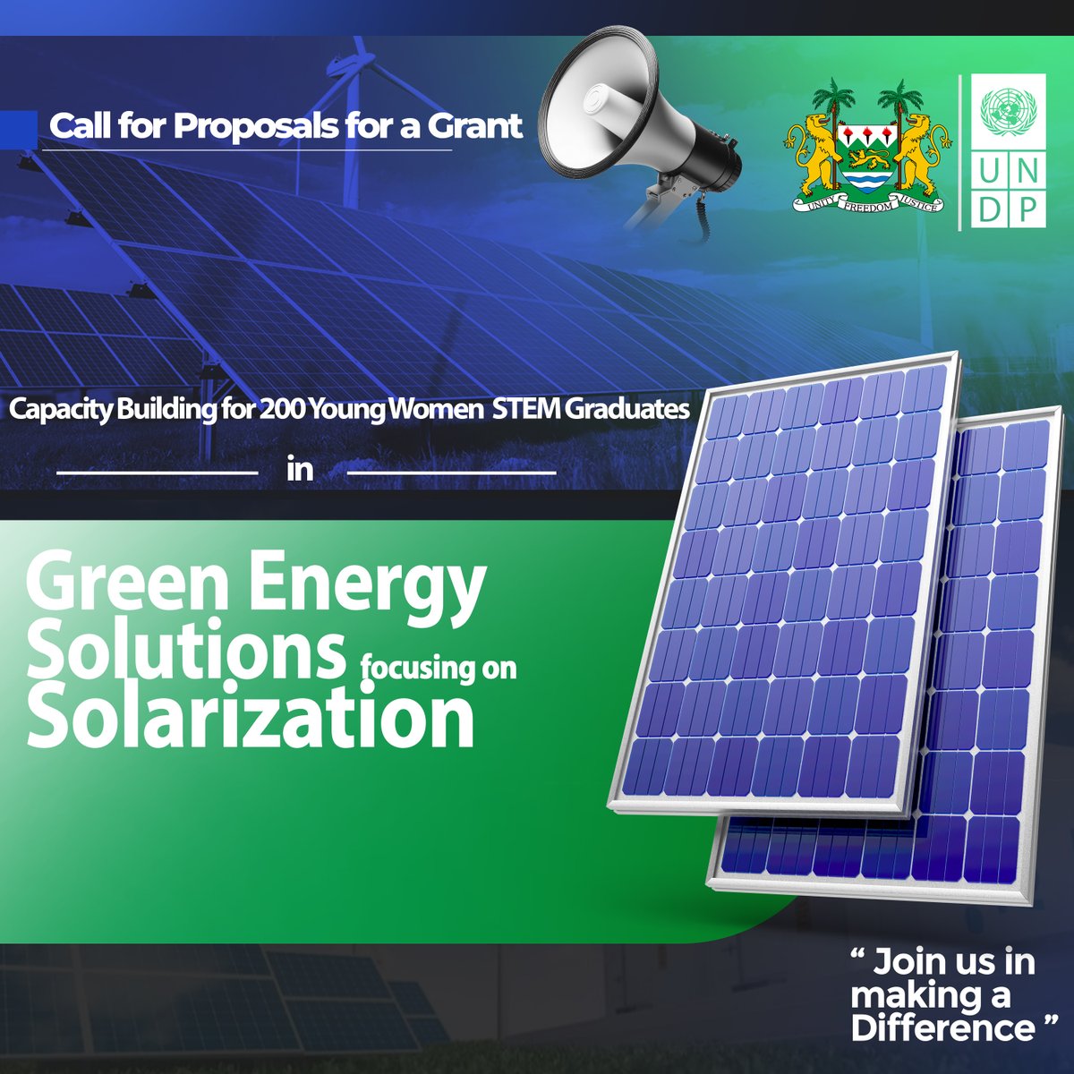 ☀️Call for proposals !!!!!!!

We invite national not-for-profit org. to apply for a Capacity Building grant to train 200 young female STEM graduates to drive renewable energy solutions through solarization.

Click for details : go.undp.org/4d6