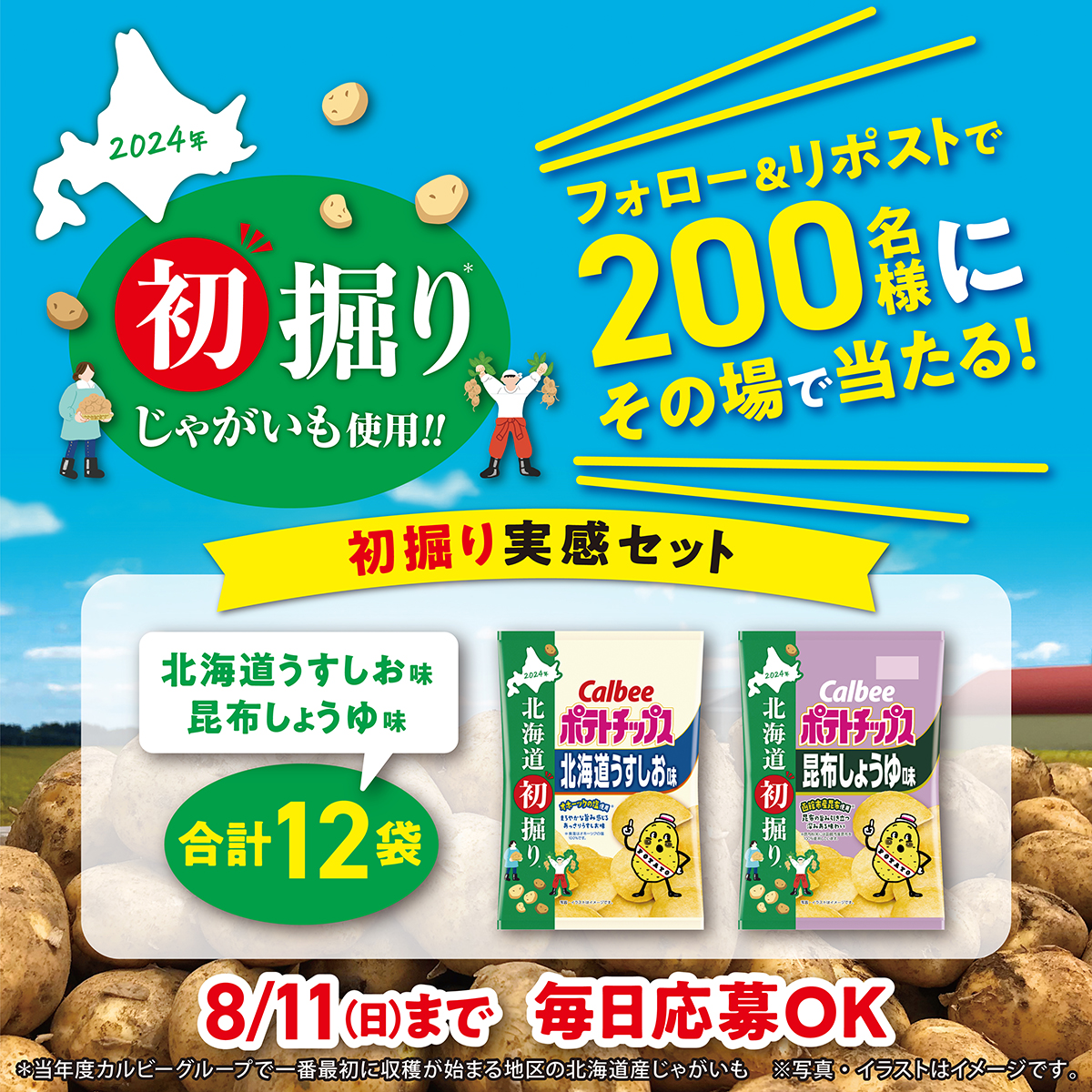 ㊗ #北海道初掘りポテトチップス 発売記念！

＼その場で当たる🎯／
初掘り実感セットを2⃣0⃣0⃣名様に🎁

北海道の「初掘りじゃがいも」を使った、この時期だけのポテトチップスが発売✨

是非食べ比べてみてね🥔

1⃣＠calbee_PRをフォロー
2⃣本投稿を8/11 23:59迄にリポスト
➡当選者に即DM
