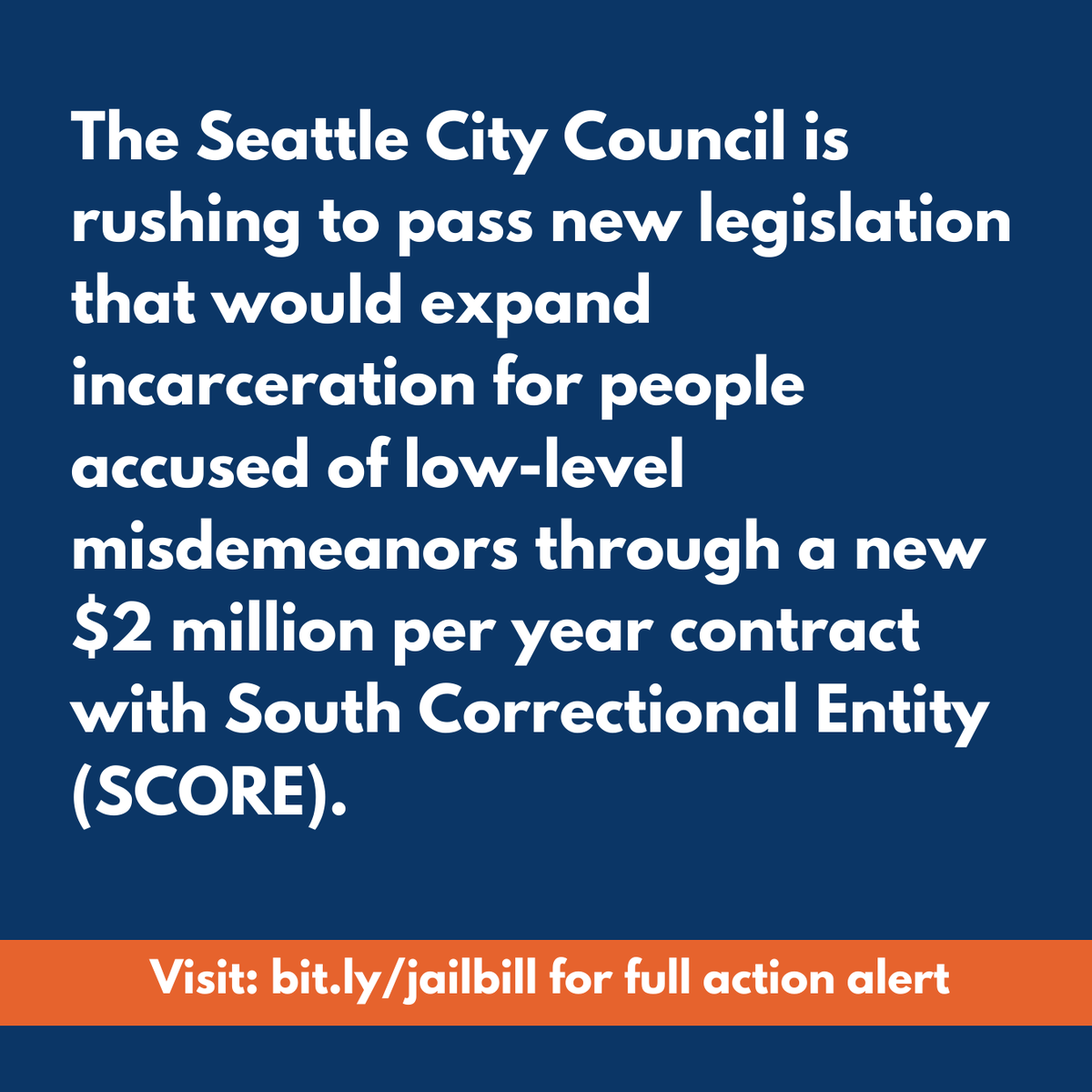 CMTammyMorales's tweet image. ❗ ACTION ALERT: The Seattle City Council is attempting to expand incarceration for people accused of low-level misdemeanors with the deadly SCORE jail, which has seen at least six people die in just the last year. 

Full action alert at bit.ly/jailbill.