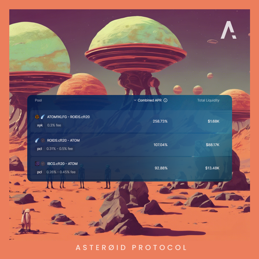 Month 2 of $ASTRO rewards are now live for CFT-20 liquidity providers on <a href="/astroport_fi/">Astroport ✦</a>. Three pools qualify:

1️⃣ $ROIDS-ATOM (90% of rewards)
2️⃣ $IBCG-ATOM (7% of rewards)
3️⃣ $ATOM1KLFG-ROIDS (3% of rewards)

Check out the latest stats and rewards now: app.astroport.fi/pools