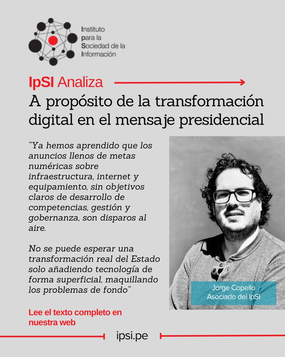 ipsi_pe's tweet photo. A propósito de la transformación digital en el mensaje presidencial, nuestro asociado @cococopello hace un análisis preguntándose "Promesas Digitales: ¿Un paso hacia adelante o un disparo al aire?"

Lee el texto en nuestra web: https://t.co/0bbUNNVlUt https://t.co/PIOTQBOqKb