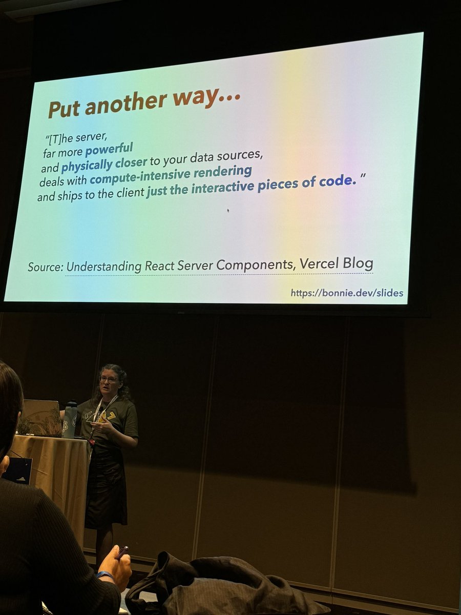 The role of the server according to <a href="/bonniedotdev/">Bonnie Schulkin</a> and <a href="/vercel/">Vercel</a> :

"[T]he server, far more powerful and physically closer to your data sources, deals with compute-intensive rendering and ships to the client just the interactive pieces of code."