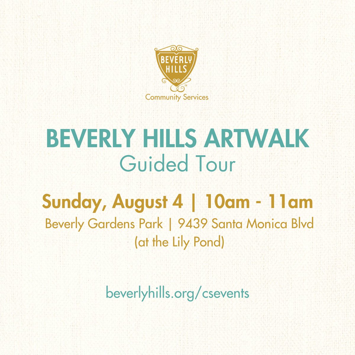 Join us for a FREE Beverly Hills Artwalk guided tour this Sunday, August 4, at 10am at Beverly Gardens Park.  Find out more at beverlyhills.org/csevents.