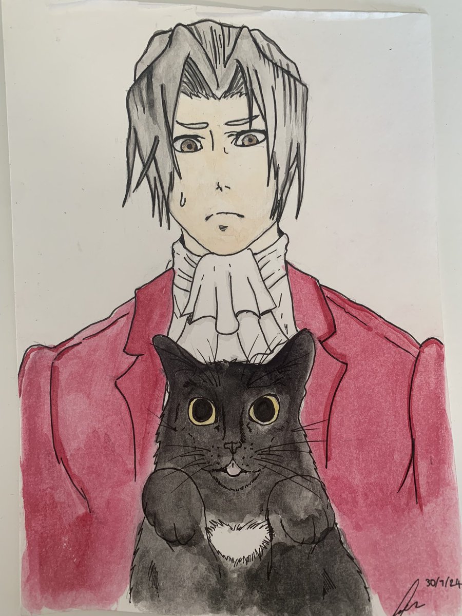 My super talented husband painted this for me 😭 Edgeworth with our cat, Bean 🥹

#AceAttorney #MilesEdgeworth