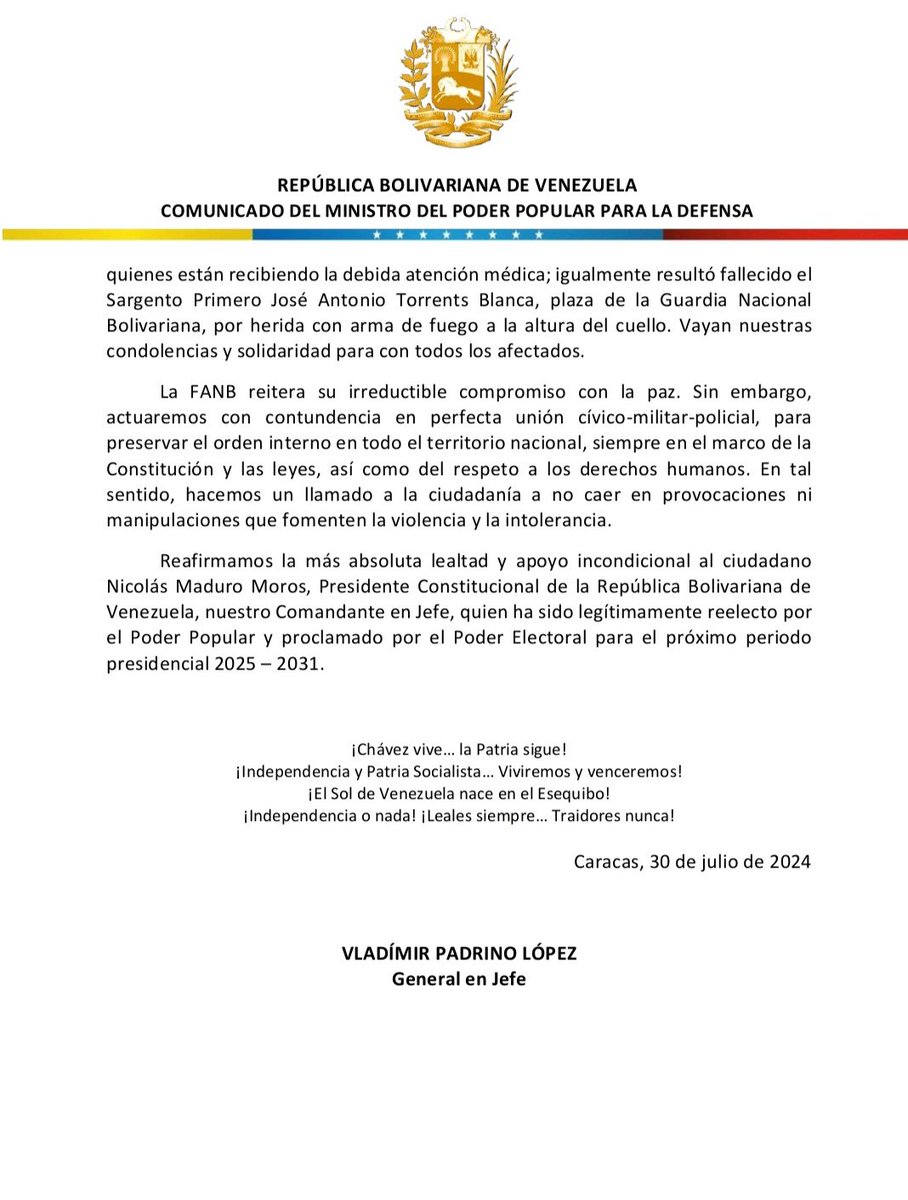#COMUNICADO🔴 Ministro de Defensa G/J <a href="/vladimirpadrino/">Vladimir Padrino L.</a> emite un comunicado en rechazo a las acciones violentas promovidas por la extrema derecha venezolana en distintas regiones del país, luego de haber finalizado el Proceso de Elecciones Presidenciales 2024.

#30Jul