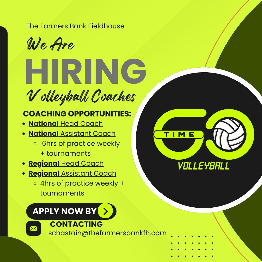 GoTime Volleyball (@gotimevb) on Twitter photo Do not miss out on the opportunity to join our GoTime staff this club season! We are excited to add coaches to our GoTime Family that have a love for growing athletes and excitement ready to bring to the gym!
Email: schastain@thefarmersbankfh.com
Club Location: <a href="/TheFarmersBFH/">The Farmers Bank Fieldhouse</a> Do not miss out on the opportunity to join our GoTime staff this club season! We are excited to add coaches to our GoTime Family that have a love for growing athletes and excitement ready to bring to the gym!
Email: schastain@thefarmersbankfh.com
Club Location: <a href="/TheFarmersBFH/">The Farmers Bank Fieldhouse</a>