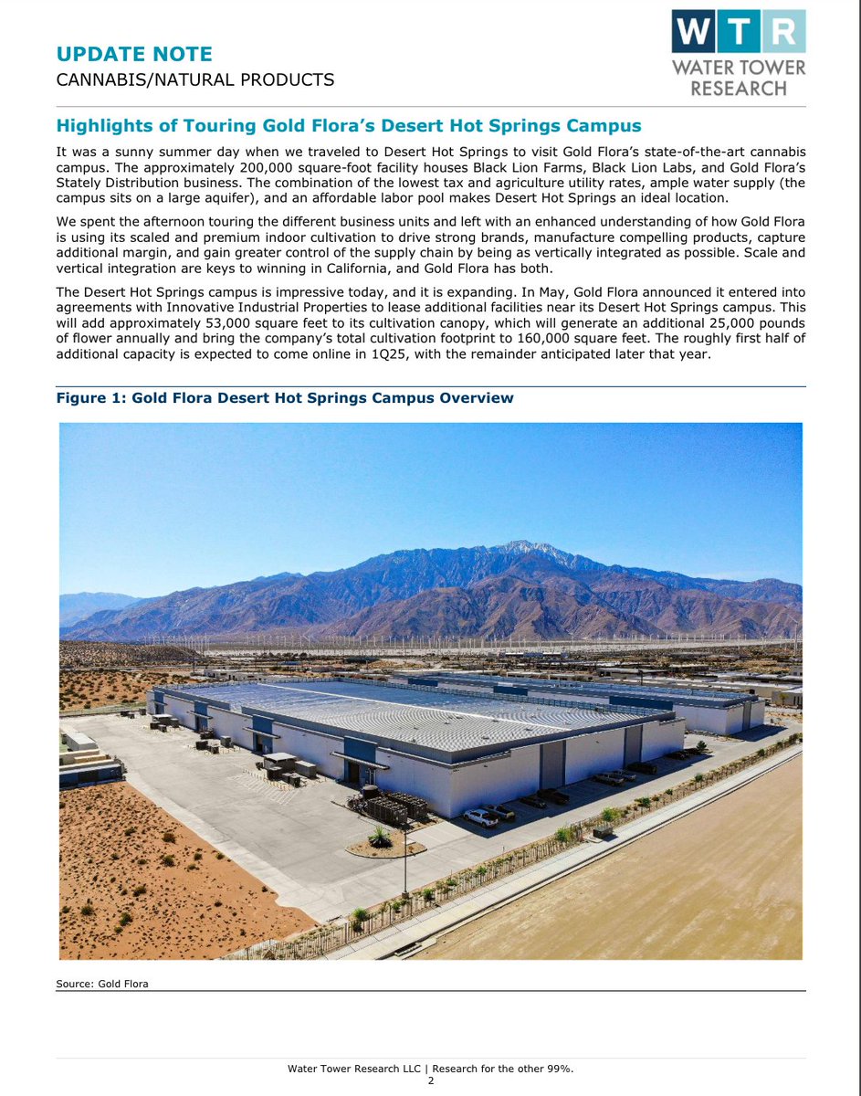 jesseredmond's tweet photo. This is one of my favorite pieces of writing. I hope you'll pause and take a second to read it. 

I recently toured @Goldflora_CA's state-of-the-art cannabis campus in Desert Hot Springs, California, and wrote this report documenting the visit. The campus has cultivation, extraction, manufacturing, and distribution in one facility. 

I left with three key takeaways: 

1. The team is top-shelf. We spent time with the Chief Cultivation Officer, Director of Rosin and Concentrate Production, and the CEO and left impressed. In the end, cannabis is a people and talent-driven business.

2. Risk management is critical not only in investing but also in cultivating cannabis. Gold Flora mitigates risk during cultivation by having 24 equal-sized flower rooms. If a problem comes up, it can be easily contained and not disrupt the entire facility.

3. GRAMLIN is on fire. This is Gold Flora's disruptive brand aimed at high-volume consumers that is climbing up the Headset and BDSA charts. I've tried several strains of Flower and rosin, and all are excellent. 

The first two pages are below; the full eleven-page report is free and open to all investors using this link: https://t.co/49uWByKeBP

Disclosure: $GRAM is a client.
