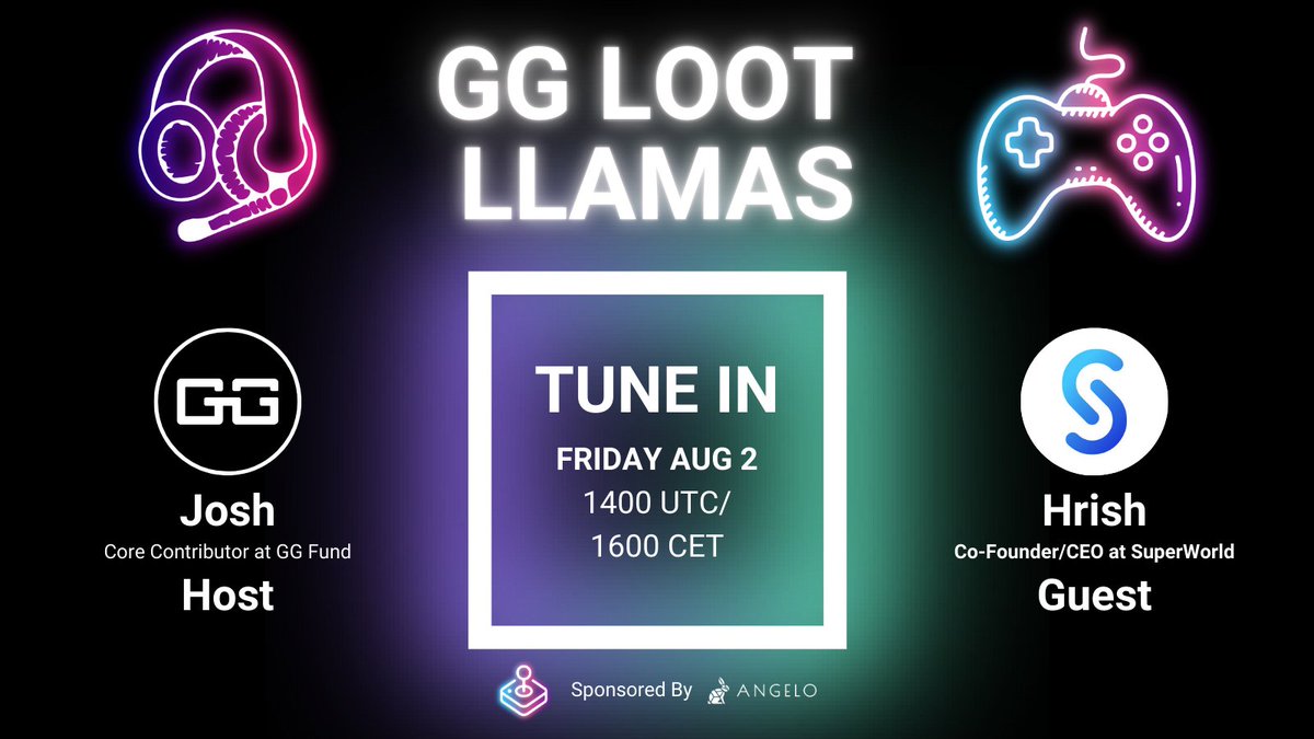 🎙Join Loot Llamas x.com/i/spaces/1RDxl… this Friday! Our host <a href="/0xcrocs/">Josh Roizen</a> will delve into <a href="/superworldapp/">SuperWorld</a> with its co-founder &amp; CEO <a href="/hrishlotlikar/">Hrish Lotlikar</a>! 
To also take part in the ✨giveaway✨:
⚡️Follow @GG_Fund &amp;  our sponsor <a href="/AngeloEcosystem/">Angelo.app</a>
⚡Ask our guest one question in our TG