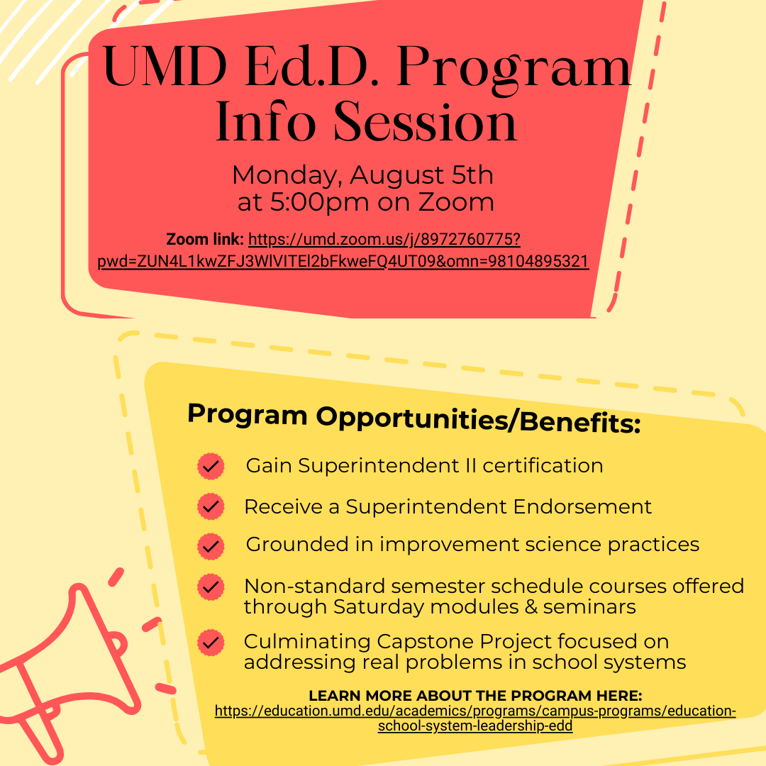 CEii_UMD's tweet photo. Interested in our @UMDCollegeofEd Ed.D. program?? Join our #Zoom info session hosted by @DrDougAnthony on August 5th at 5pm!

Zoom link: https://t.co/0aepmPMeNf
Program info: https://t.co/X0NzK0R7LR https://t.co/hWAihyW9QR