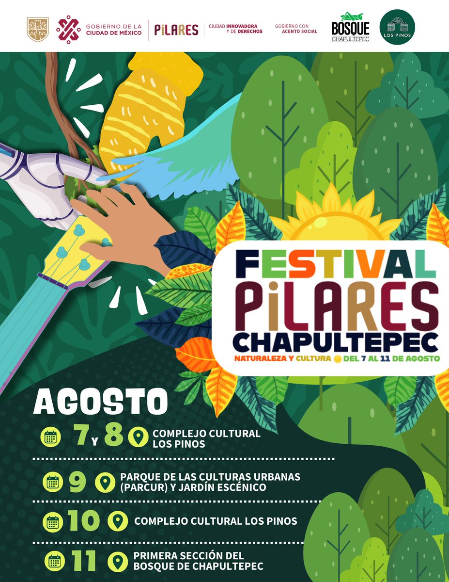 CdmxPilares's tweet photo. Buenas, buenas. 😍☀️
¿Ya te enteraste de esta gran noticia? 😮
Del 7 al 11 de agosto se llevará a cabo el #FestivalPILARESChapultepec, un encuentro en el que disfrutaremos de la cultura, la naturaleza, la tecnología y los saberes, todo en un mismo lugar. 
¡Aparta la fecha! https://t.co/WKBiyZRziG